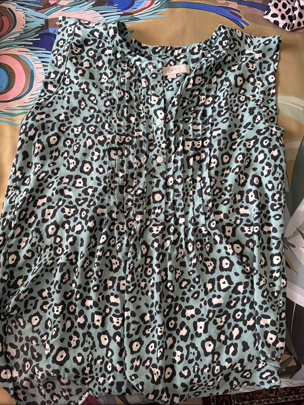 LOFT Seafoam Green Leopard-Print Sleeveless Blouse